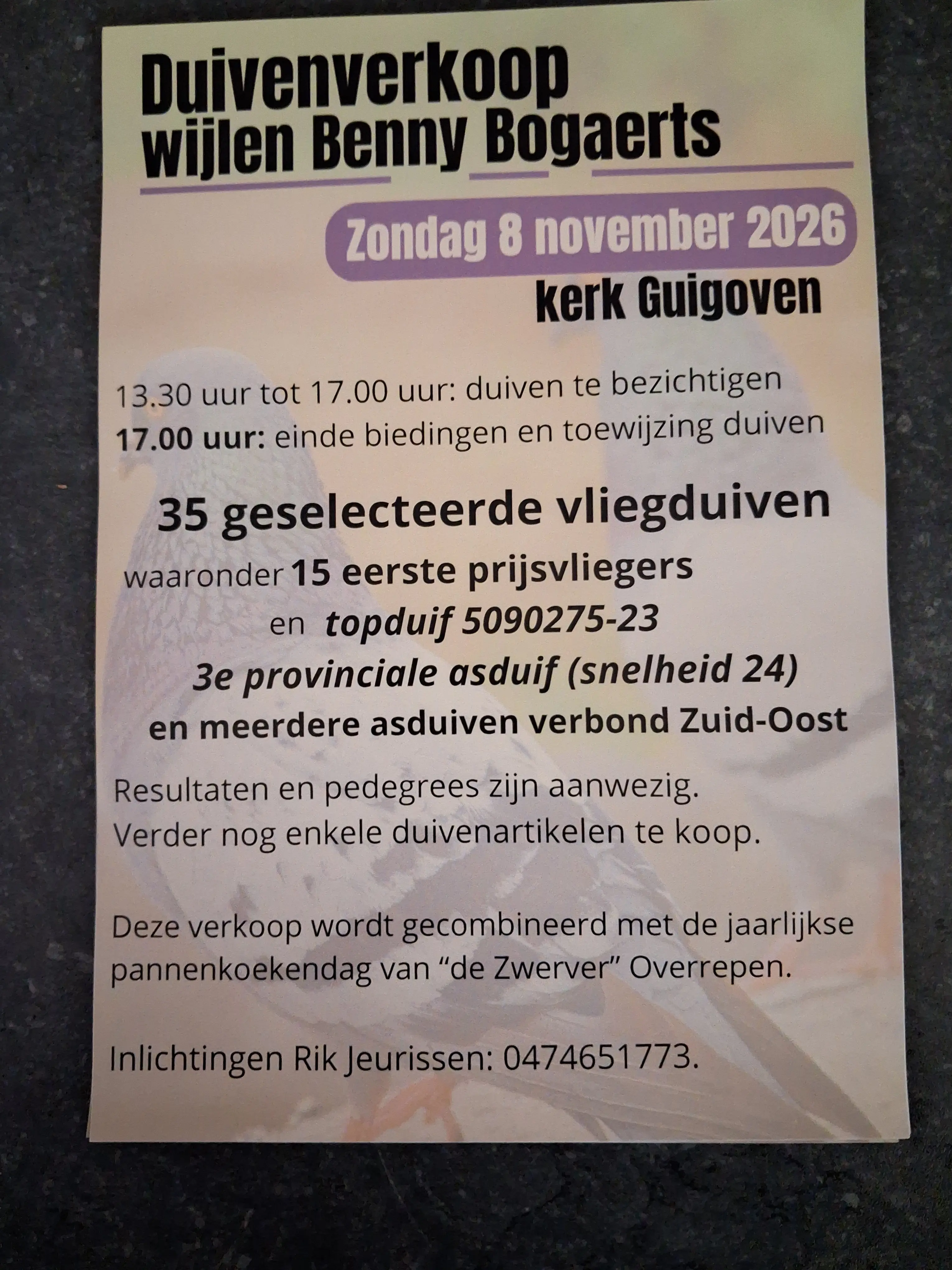 Duivenverkoop Benny Bogaerts